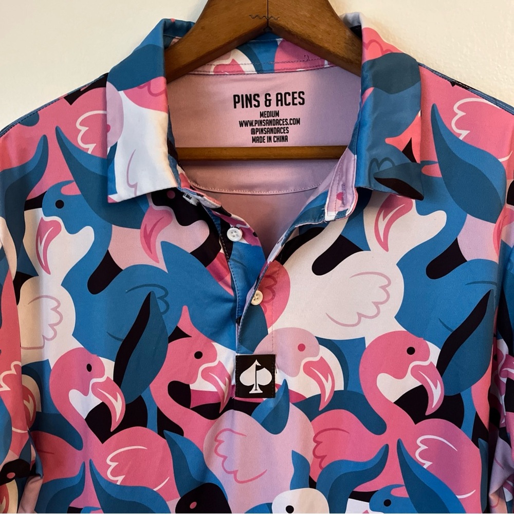 Pins & Aces Bold All Over Print Flamingo Pink Power Fun Golf Polo Shirt Men’s M